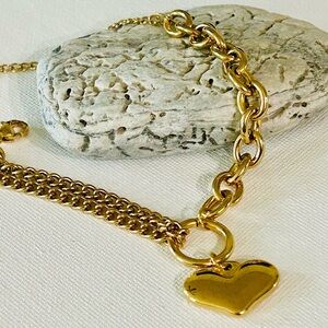 Gold heart bracelet stainless steel, heart charm chain bracelet, gold tone